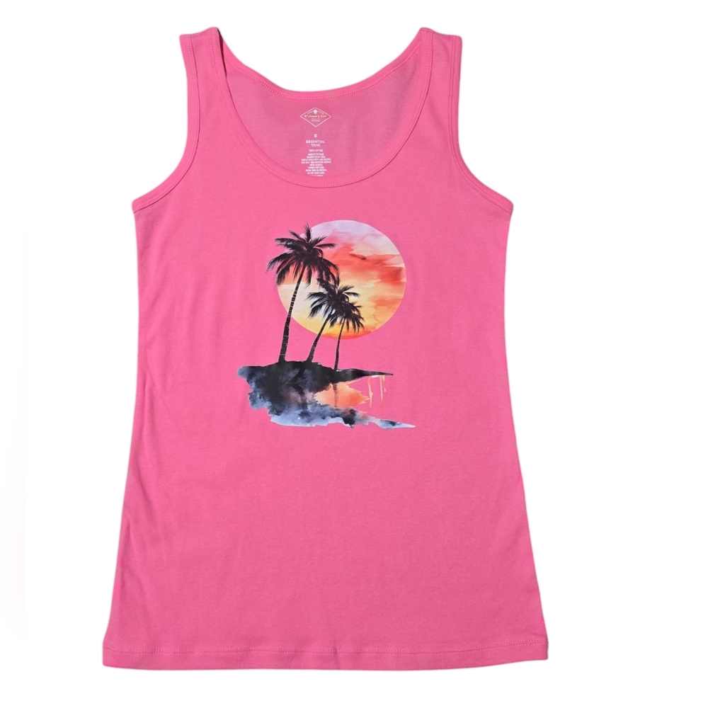 St Johns Bay Size S Pink Tank Top with Palm Tree Sunset Design